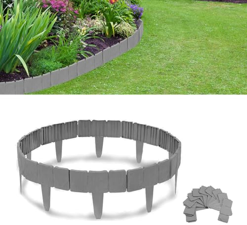 Bordo per prato in plastica, 5 m, effetto pietra flessibile, 20 pezzi, in polipropilene, bordi per aiuole, bordi per prato, effetto pietra, palizzata per fiori, recinzione da giardino, decorazione per