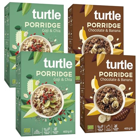 Turtle Cereal Better Breakfast – Gluten Free Porridge Oats Variety Pack 400g (Pack of 4) | Chocolate & Banana & Goji & Chia Porridge, Organic Oats, Vegan, High Fibre, No Added Sugar, Natural