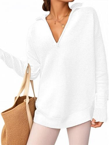 Oyamiki Oversized Sweatshirt Women Loose Longline Jumpers V Neck Ribbed Knit Winter Jumper Comfy White Sweaters Tops XL