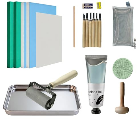 Linocut Kit for Printmaking,Stamp Making Kit, Linoleum Blocks Carving Tools,Includes Inks, Brayer,Linoleum Blocks,Carving Tools,Ink Plate,Ideal Gift for Artists, Crafters & Beginners