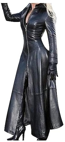 Läderkappa dam trenchcoat dam lång M-4XL, elegant slim fit PU-läderkappa lång jacka dam konstläderjacka med dragkedja Läderjacka Konstläder(Noir,XXL)
