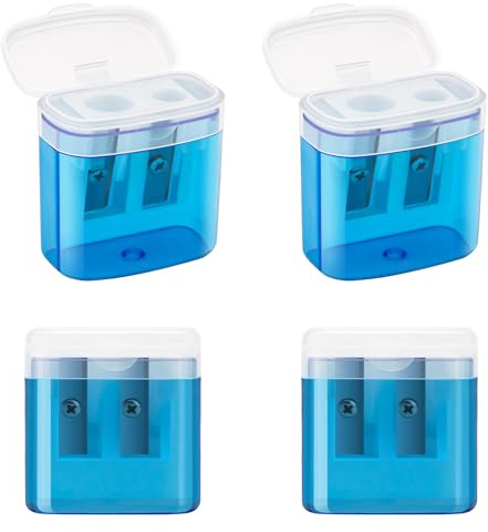 JEFURE Pencil Sharpeners with Container, 4 Pcs, Dual Holes, Blue | Manual Sharpener with Lid, Fits Standard and Jumbo Pencils, for Students, Adults, School, Home & Office
