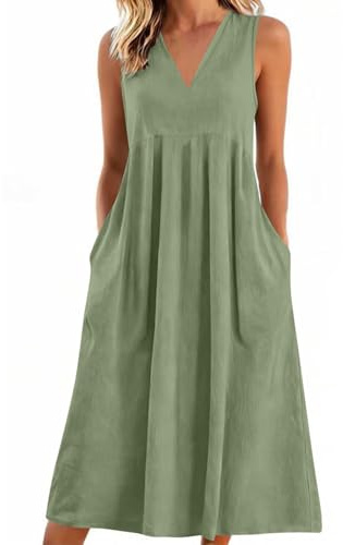 Vestidos Verano Mujer 2026,Cuello V Algodón y Lino Vestido Mujer Verano Casual Sueltos Color Sólido Vestidos Largo Cintura Alta con Bolsillos Cómodo y Transpirable Maxi Vestidos Playeros