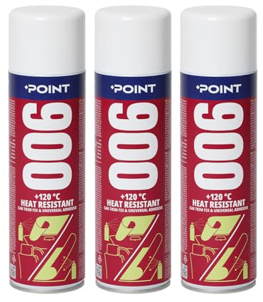 POINT 006 Colle en Spray Résistante à 120°C – Collage Multi-Surfaces, Pulvérisation Uniforme et Finition Transparente Jusqu'à 2 m² pour Garnitures Auto, Tapisserie et Bricolage – 3 x 500 ml