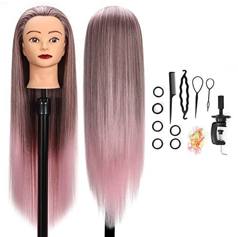Skyltdocka, Huvud, GUANJUNE frisör, Träningshuvud Frisör, 66–71 cm 100 % Syntetisk Fiber, Kosmetika, Dockhuvud med Klämhållare + Hårtillbehörsset, Presenter Till Flickor (Gradient Rosa)