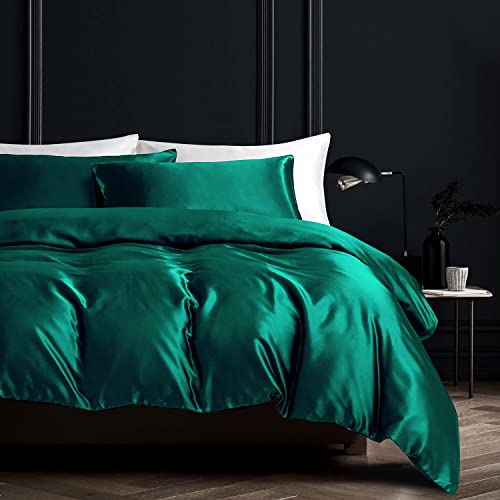 Boqingzhu Satin Bettwäsche 135x200cm 4Teilig Grün Dunkelgrün Uni Einfarbig Glatt Glänzend Luxus Seide Bettwäsche Set Bettbezug mit Reißverschluss und 2 Kissenbezüge 80x80cm