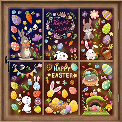AhfuLife 180pcs Pegatinas para Ventanas de Pascua, 9 Hojas Pegatinas para Ventanas de Conejo de Pascua para Niños, Pegatinas para Ventanas Reutilizables de Doble Cara (Estilo 3)