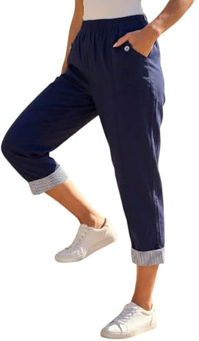 Roman Cropped Stretch Trouser for Women UK - Ladies Capri Pants Summer Leggings 3/4 Three Quarter Pedal Pusher Elasticated Waist Cut Off Contrast Detail Pull On Work - Navy - Size 14