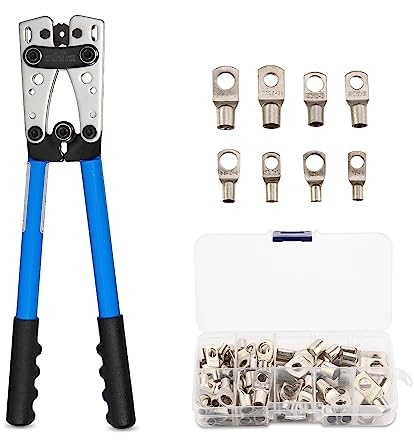 Alicates de Terminals Herramienta de Crimpado+ 60 terminales AWG 10-0, 6/10/16/25/35/50 mm², pinza para electricista con mango antideslizante