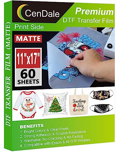 CenDale DTF Transfer Film 11x17 - 60 Sheets Double-Sided Matte DTF Film for Sublimation Hack on Cotton, Direct to Film Printing on Dark and Light T-Shirts Textile, Hot & Cold Peel DTF Paper