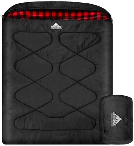AGEMORE Cotton Flannel Double Sleeping Bags for Adults, 2 Person Waterproof Queen Size Sleeping Bag, Double Wide and Warm for Family or Couples Cold Weather Outdoor Camping or RV Traveling