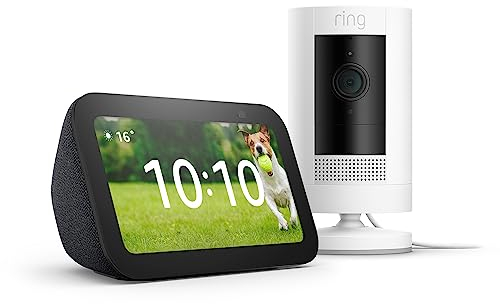 Ring Outdoor Kamera (Ring Stick Up Cam Plug-In), Weiß, Funktionert mit Alexa + Der neue Echo Show 5 (3. Gen.) | Anthrazit - Smart Home-Einsteigerpaket