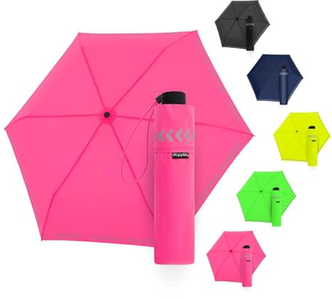 Doppler Regenschirm Safety Reflect in neon pink I Regenschirm mit reflektierendem Rand & Handöffner I Mini Schirm mit passender Schirmtasche I Kinderschirm reflektierend