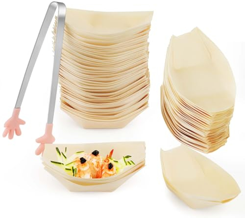 100 Stück Holzschale Schiffchen ,Einweggeschirr Bambus,Fingerfood Schalen,Snackschale Bambusschale Biologisch Abbaubar Essbare Schalen Für Fingerfood Currywurst (Holzschale Schiffchen (8.5*6CM))