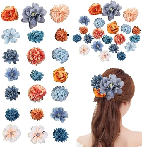 Artificielle Fleur Pinces à Cheveux,21 PCS Hawaii Barrette Fleur Pince Cheveux Femme,Hair Clips Multicolore,Epingle à Cheveux pour les Filles pour la Décoration de Mariage et de Fête(Bleu-Orange)
