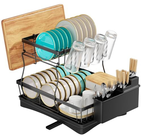 TidyIsles Dish Drainer Rack - 2 Tier Dish Rack with Utensil Holder, Dish Rack for Kitchen Counter, Sink Drainer Rack with Drain Board Rack, Black
