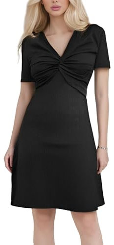 Sahunfri Women's Black Midi Dress Cocktail Dresses Short Sleeve V Neck Summer Midi Casual Dress for Women（bk） (UK, Alpha, M, Regular, Regular, Black)
