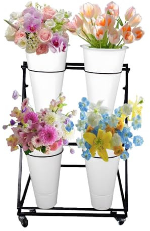 Flower Display Stand, 2 Layers Heavy Duty Metal Moving Wrought Iron Bouquet Shelf, Iron Florist Flower Display Stand with Plastic Buckets and Wheel, for Garden, Courtyard (2 Tier 4 White Bucket)