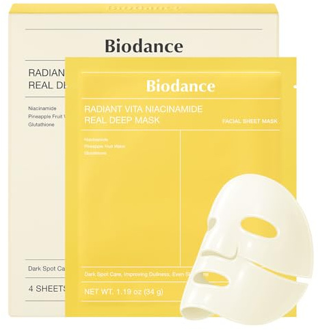 BIODANCE Radiant Vita Niacinamide Real Deep Mask, Overnight Hydrogel Maske, Hauttonkorrektur, Hautstrukturverfeinerung, strahlender Teint, koreanische Hautpflege, 34 g x 4 Stück