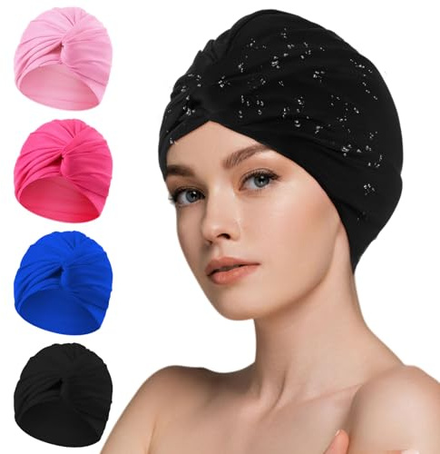 Shyyween 4 Pieces Swim Caps for Women Polyester Turban Strong Non-Slip Swimming Hat Elastic Swimming Pool Cap for Long and Short Hair (Pink,Blue,Rose Red,Black)