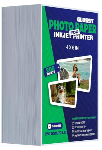 A6 Papel Fotográfico para Impresora de Tinta, 200 Hojas,260 g/m²,Brillante, Papel Grueso de Premium Secado Instantáneo, Ideal para Tarjetas Postales y Fotos Profesionales A6(10,16x15,24cm)