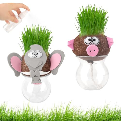Lot de 2 têtes d'herbe pour enfants - Tête d'herbe - Pour enfants - Mini tête de bonsaï - Tête de fleur - Tête d'herbe - Bonsaï avec plateau - Plantes en pot pour chambre à coucher (modèle animal)