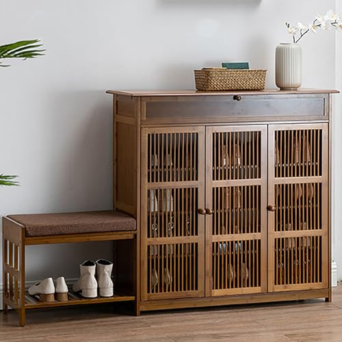 Armario de almacenamiento de zapatos de bambú con puertas de persiana, organizador ecológico que ahorra espacio para entrada, sala de estar, dormitorio, elegante soporte para calzado, diseño duradero