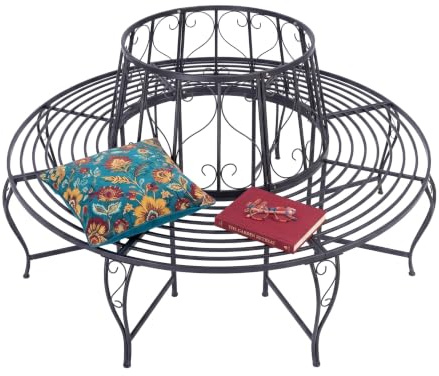 Relaxdays Panchina circolare per albero 360°, ornamenti a cuore, HxLxP:85x160x160 cm, acciaio, 600 kg, nera