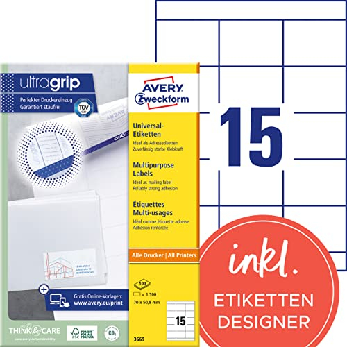AVERY Zweckform 3669 Adressaufkleber (1.500 Klebeetiketten, 70x50,8mm auf A4, Papier matt, bedruckbare Absenderetiketten, selbstklebende Adressetiketten mit ultragrip) 100 Blatt, weiß