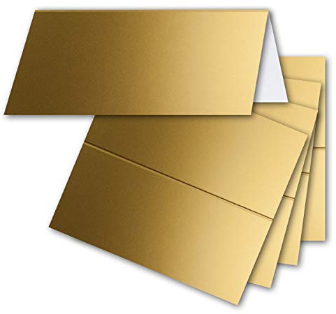 50 x bordskort i guld (metallic) – 4,5 x 10 cm – tomma – dubbla kort – som platskort och namnkort för bröllop och fester