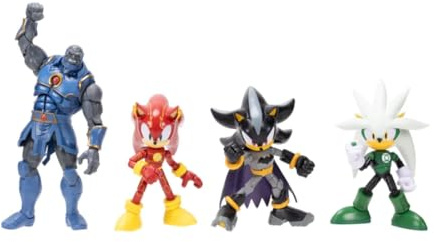 DC x Sonic – Multipack de Figuras de acción, Licencia Oficial Jakks Pacific, Incluye Figuras de 13 cm Sonic, Silver y Shadow, más Figura de 18 cm Darkseid; Shadow como Batman con luz integrada