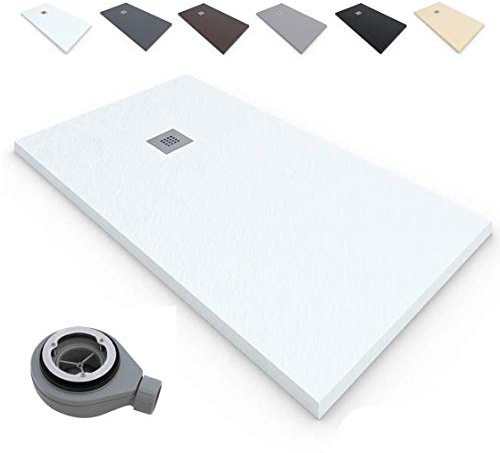 Plato de Ducha Extraplano EstiloBaño®TERRA Resina Antideslizante Textura Pizarra - Todos Tamaños Disponibles - 70x100, Blanco RAL-9003 - Incluye Válvula Desagüe + Rejilla