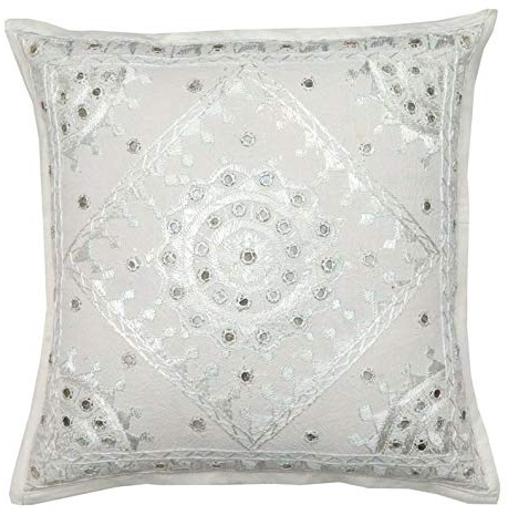 Radhykrishnafashions Indian - 16X16 Mirror Embroidered Decorative Sofa Throw Pillow Cushion Cover Boho Bohemia (WHITE)