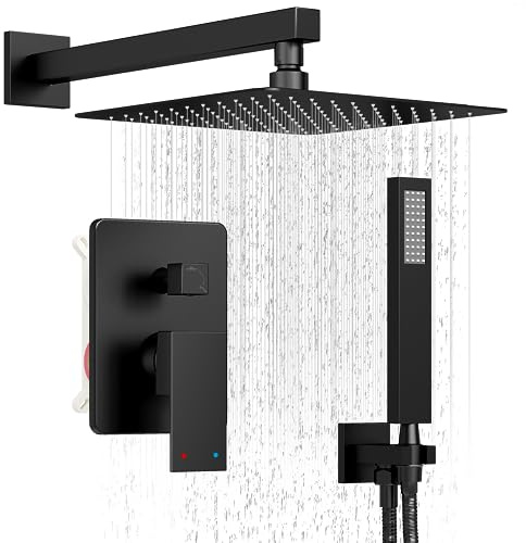 HoliSpa Black Shower System, Shower Faucet Set with 10-Inch Rain Showerhead and Handheld Spray, Wall Mounted High-Pressure Showerhead Combo Set Included Valve and Trim, Matte Black