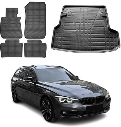OMAC Fußmatten & Kofferraumwanne Set kompatibel mit BMW 3er F31 2014-2019 Gummi TPE Schwarz 5X