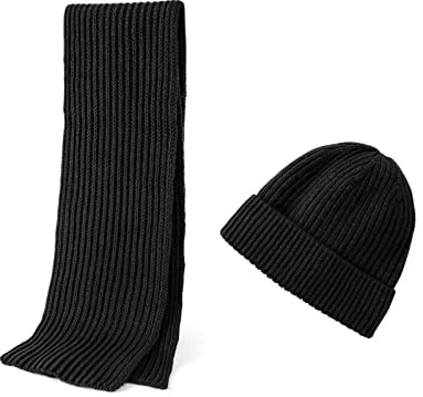 Embouro Lot de 2 écharpes en tricot de laine mérinos pour homme et femme, écharpes longues chaudes et douces d'hiver avec bonnet en laine (Noir)