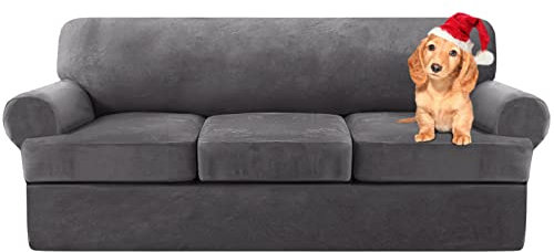 Sofa Cover,T Cushion Sofa Cover Velvet Non-Slip T Cushion 1/2/3 Seater Couch Cover with Individual T Cushion Seat Cover with Elastic Bands Furniture Slipcovers Protector (Grey,3 Seater-4Pieces)