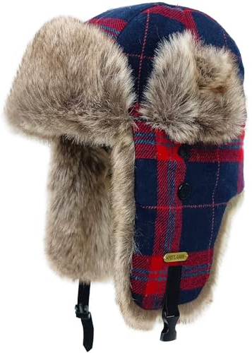 HEYANN Wintermütze mit Ohrenklappen,Fliegermütze Herren Rib Russische Mütze Winter Uschanka Trapper Mütze Fallensteller Karierter Unisex Russische Mütze für Damen Herren (L/XL, Rot-Blau)