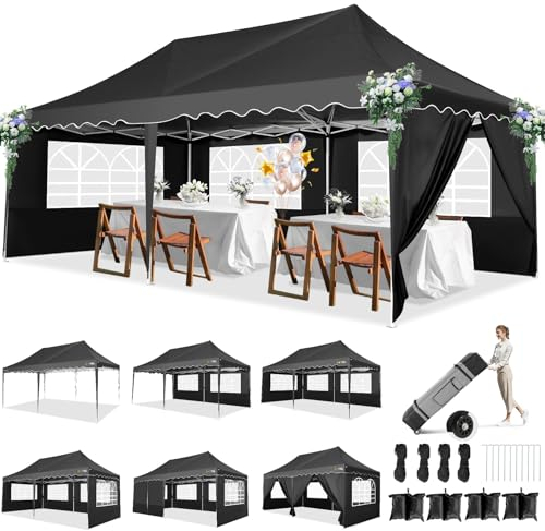 HOTEEL Pavillon 3x6 Faltpavillon 3x6 Wasserdicht Stabil, Partyzelt Faltbar Anti-UV 50+ Pop Up Gartenpavillon mit 6 Seitenwänden, 4 Sandsäcke, Tasche mit Rollen, für Hochzeiten Partys Markt, Schwarz