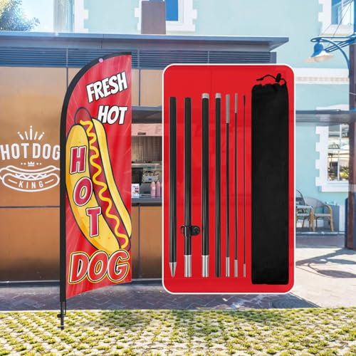 QSUM Hot Dog Feather Flag,8FT Hot Dog Advertising Swooper Flag with Pole Kit, Ground Spike,Hot Dog Signs for Businesses and Storefronts