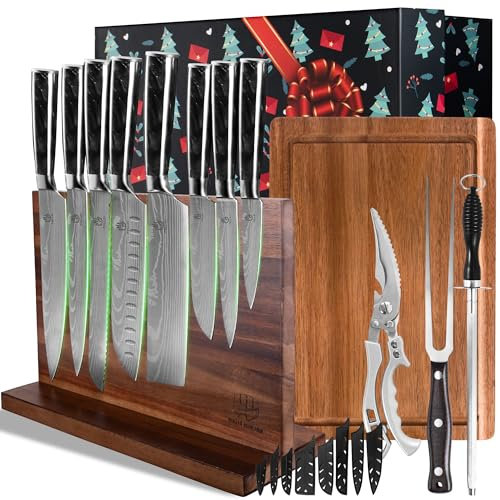 FULLHI Coffret cadeau de 13 couteaux avec bloc à couteaux magnétique, planche à découper, ciseaux de cuisine, fourchette et aiguiseur pour des couteaux de cuisine à offrir (Résine noire)