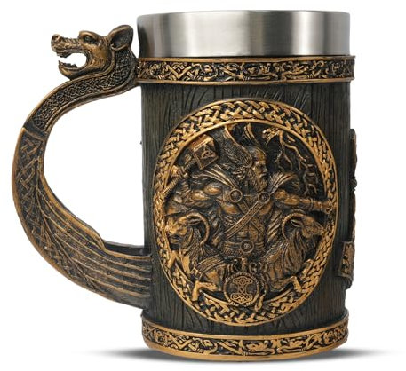 IELCJJ Original Handmade Viking Runes Mug - 20oz Thor Hammer Mjolnir Beer Tankard - 304 Stainless Steel Medieval Celtic Pirate Heavy Viking Cup - Novelty Norse Mythology Decor - Gift for Men Women