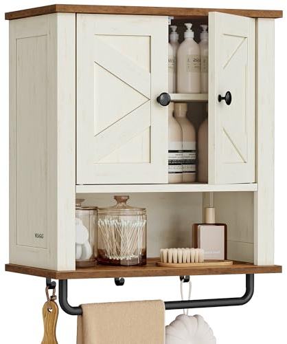 VASAGLE LIRY Collection - Bathroom Wall Cabinet, Farmhouse Wall-Mounted Medicine Storage Cabinet with 2 Barn Doors, Adjustable Shelf, Towel Bar, 7.9 x 18.1 x 24 Inches, Rustic White UBBK132W01S