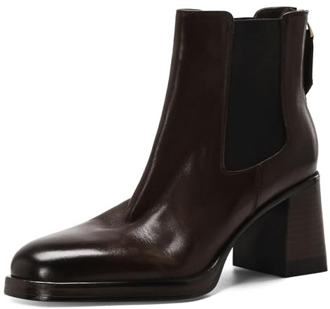Bouwno Brown Genuine Leather Ankle Boots for Women Round Toe Elastic Fall Booties Block Chunky Heels Slip-on Short Boots with Zipper
