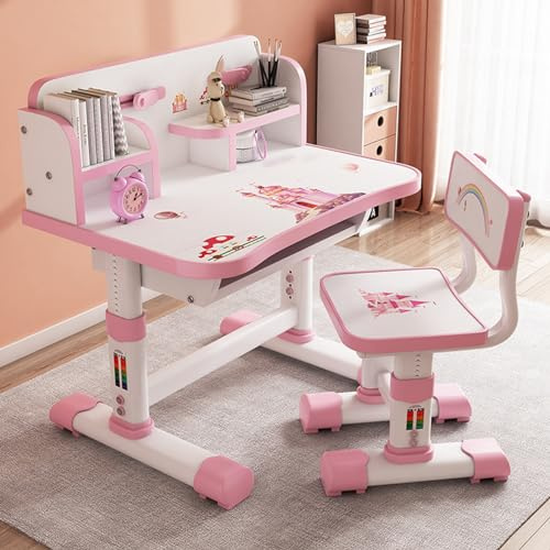 Bureau enfant pour garçons et filles, Réglable en hauteur, Ensemble bureau et chaise pour enfants avec accessoires d'apprentissage, Cultiver une position correcte, Style dessin animé mignon (Rose)