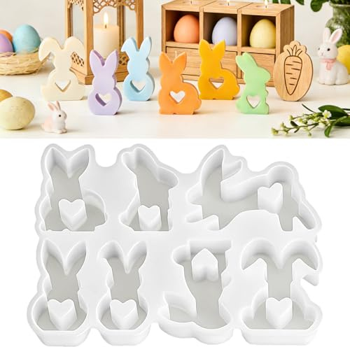LERKNVOE Moule Silicone Bougie, 7 Moules Lapin de Pâques en Silicone, 3D Lapin Moules à Bougie Maison pour Verser avec Plâtre, Béton Créatif, Cire, Poudre de Coulée