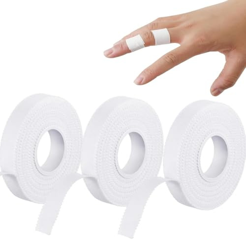 3 Rouleaux Strap Sport - 1.25 cm x 10 m Tape pour Doigt avec Adhésif extra Fort, Déchirable Tape Sportive, Blanc Ruban Adhésif pour Doigts, Chevilles, Poignets,Adhésif Extra Fort Strapping Cheville