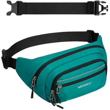 WATERFLY Marsupio da uomo e donna: grande marsupio con protezione RFID, cintura di estensione, elegante marsupio sportivo per viaggi, escursioni, attività all'aperto, Blu pavone, Marsupio grande