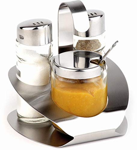 APS - Set da 3 pezzi, “Menage Pro”, spargisale, spargipepe e porta senape, circa 10 x 10 cm, altezza 11,5 cm, in acciaio inox