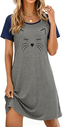 Ekouaer Womens Nightgown Short Sleeve Night Dress Printed Sleepwear Soft Sleep Shirt, Navy Blue Cat, L